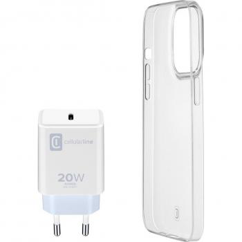 Kit de Accesorios Cellularline para iPhone 14 Pro Max: Cargador 20W + Funda Transparente