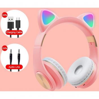 Auriculares inalámbricos Bluetooth con micrófono y reducción de ruido, diseño de orejas de gato y luces RGB para niños