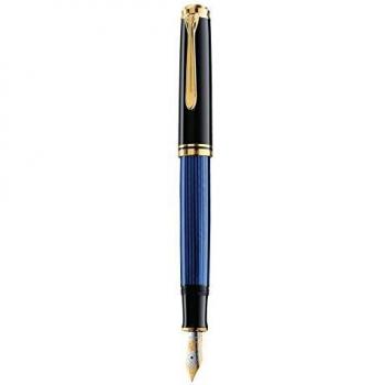 Pelikan 985978 - Elegante pluma estilográfica de lujo linea Souveraen M400, Rayas azules / negras detalles bañados oro de 24 quilates, Plumín M de dos tonos de oro, Made in Germany
