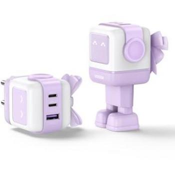 Cargador Ugreen Nexode Robot 65W GaN con 3 puertos (2 USB-C y 1 USB-A), carga rápida, violeta