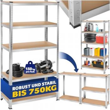 Estantería Metálica de Acero Tectake - Estante Industrial Ajustable con 5 Niveles, Carga Máxima 750 kg, Diseño Modular y Esquinas Redondeadas para Taller y Trastero