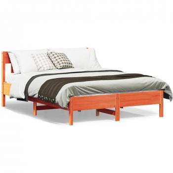 Cama sin Colchón Cera Marrón 150x200 cm en Madera de Pino con cabecero, estructura de madera de pino, color marrón cera