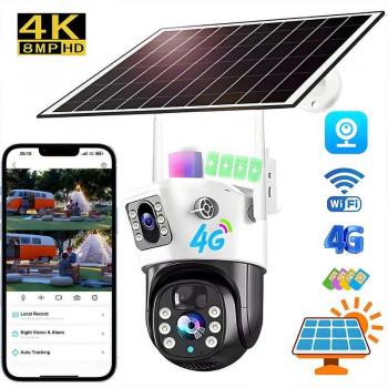 Cámara Solar Doble Lente 4G con SIM, Vigilancia Exterior Wifi/4G, 4K 8MP, Visión Nocturna Inalámbrica 360°, Seguridad CCTV, Cámara IP Wifi