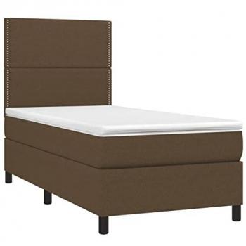 Cama Box Spring con Colchón de Tela Marrón Oscuro 90x190 cm, Estructura Suave, Muelles Ensacados, Acolchado Reversible, Protector Espuma Viscoelástica