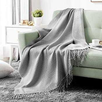 Hansleep Plaid para Sofá, 130x150 cm Waffle Manta Foulard de Punto con Franjas Suave para Cama Sillón - Poliéster Acrílico Cubrecama, Gris y Blanco