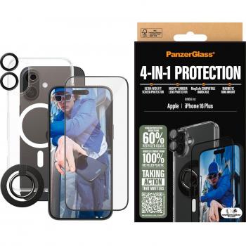 Protector de Pantalla PanzerGlass 4 en 1 para iPhone 16 Plus, Transparente, Anti-improntas y Resistente a Rayones