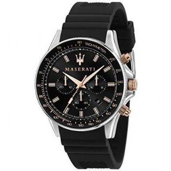 Maserati Mens Sfidia Chronograph Watch R8871640002 - Black Rubber Strap, Quartz Movement, Water Resistant up to 100 meters, Date Function, Tachymeter Scale, Stainless Steel Case