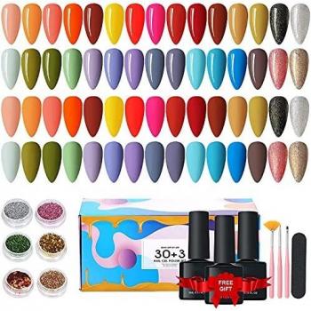 30 Colores Esmaltes Semipermanentes, Pintauñas Semipermanente Uñas Gel UV LED con Base, Capa Superior Brillante y Mate para Salón de Uñas en Casa, Juego de Gel de Uñas para Navidad y Año Nuevo