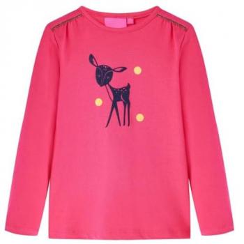 Camiseta Infantil de Manga Larga Estampada de Ciervo en Jersey Rosa Brillante 116