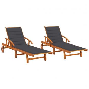 Acacia Wood Sun Loungers Set with Cushions - 2 Pieces