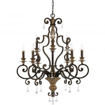 Lámpara de araña Marquette, 9 luces, bronce antiguo y cristal, bombillas E14