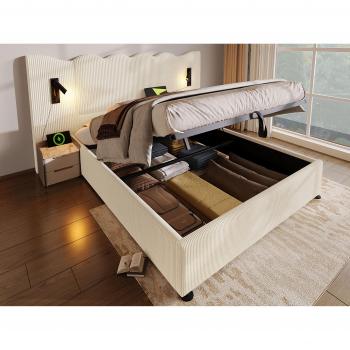 Cama Contenedor 180x200 cm de Pana Beige con Luz de Lectura, Función de Carga y Somier