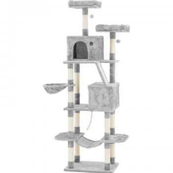 Árbol rascador para gatos gris claro con 2 bolas y hamaca, dimensiones 60 x 50 x 206 cm