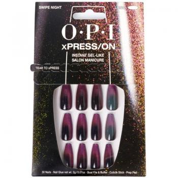 OPI xPRESS/ON Uñas Artificiales Adhesivas Swipe Night - Efecto Cat Eye Negro a Magenta, hasta 14 días de duración, envase sostenible, incluye pegamento para uñas