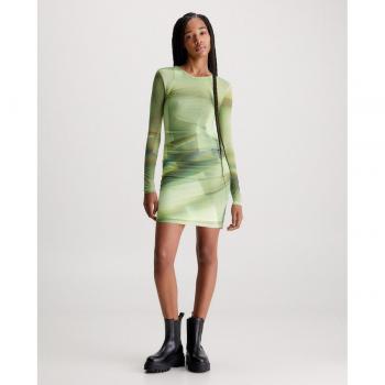 Vestido Mujer Calvin Klein Jeans Estampado de Malla Verde de Dos Capas