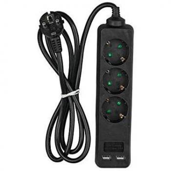 Multipresa Eléctrica Negra con 3 Tomas Schuko, 2 Puertos USB y Cable de 1.5 Metros - SKU-8776