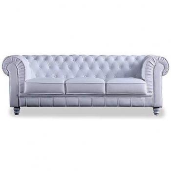 Chesterfield, Sofa de Tres Plazas, Sillon Descanso, 3 Personas, Acabado en Simil Piel Color Blanco y Capitone, Medidas: 211 cm