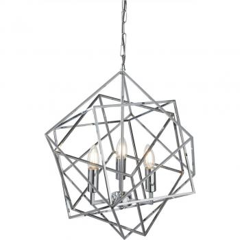 Lámpara colgante contemporánea de cubo de metal cromado con 3 bombillas E14 y una longitud de 118 cm