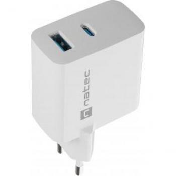 Cargador Natec Ribera GAN 65W PD3.0 QC3.0 1xUSB-A + 1xUSB-C Blanco, cargador de dispositivo móvil universal, corriente alterna, carga rápida, interior