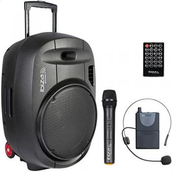 Altavoz portátil 15 Bluetooth con batería Ibiza Sound PORT15UHF-MKII-TWS, 800W MAX, incluye 2 micrófonos UHF, mando a distancia y funda protectora, con conectividad Bluetooth, USB y