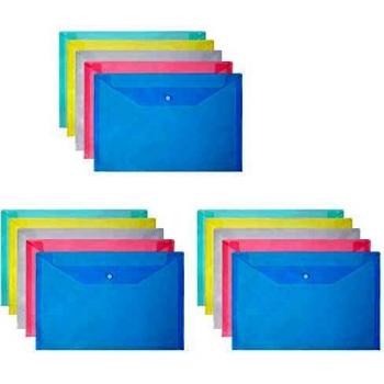 Vicloon Carpetas Para Archivo, 15Pcs Carpetas de Plástico A4 Bolsas de Documentos con Botón para Documentos, Certificados, Recibos, Oficina y Escolar, 5 Colores