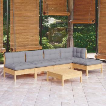6-Piece Pinewood Garden Lounge Set with Gray Cushions