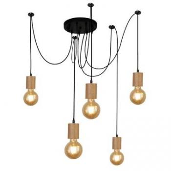 Lámpara colgante Spinny de Searchlight, araña industrial-nórdico, Ø 28 cm, 5 luces E27, madera de caucho y metal negro