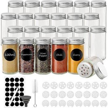 Withosent Botes Especias Cristal 100ml, 24pcs Tarros Especias Redondo, Frascos para Especias, Pequeños Spice Jars con Tamiz Etiquetas Embudo