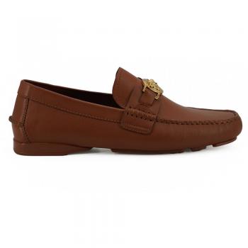 Versace Natural Brown Calf Leather Loafers Shoes - EU42/US9, Male, Elegant Leather Loafers with Medusa Embossing