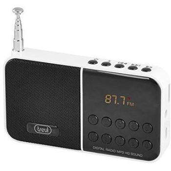 Trevi DR740SD - Radio FM portatil y reproductor de MP3 con entrada para tarjeta Micro-SD y batería recargable, color blanco