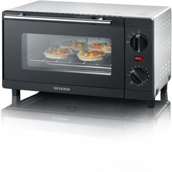 Severin TO 2052 Mini Horno Tostador 9L 800W Negro y Plata con Grill y Asador Giratorio, Bandeja, Temporizador de 60 Minutos, Dimensiones 12.2