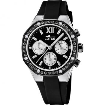 Reloj Lotus Excellent 18875/4 para Mujer con Esfera Negra y Caja de Acero Inoxidable 316L Gris Plata, Correa de Caucho Negro