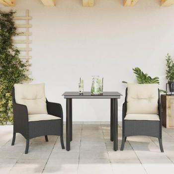 3-Piece Black Poly Rattan Garden Dining Set with Cushions