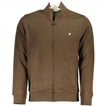 U.S. Polo Assn. Grand Polo Elegant Long Sleeve Zippered Sweatshirt - Brown Cotton Zip Sweater with Embroidery, Size L