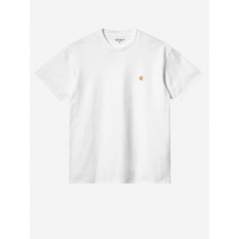 Camiseta Carhartt WIP Chase blanca con logo dorado, 100% algodón, corte regular fit, manga corta, cuello redondo