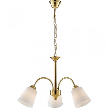 Lámpara colgante Lume 3 bombillas metal con difusor de cristal dorado, plafón colgante multibrazo con 3 luces y pantallas de cristal dorado, dimensiones de 60x37,