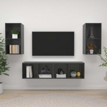 Mueble de salón de pared 4 piezas madera de ingeniería, aglomerado gris con brillo, incluye Mueble TV, Mesa de TV y Mueble tele