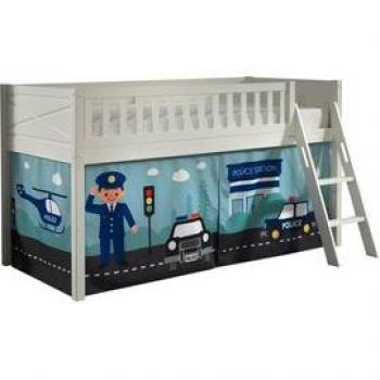 Cama Alta Infantil VIPACK Scott 90x200 cm con Somier, Escalera Inclinada y Set Textil Policía, Color Blanco