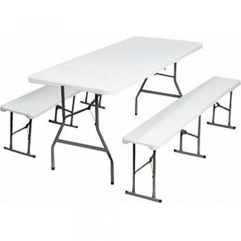 Mesa plegable portátil de 180 cm con 2 bancos plegables para camping o recepción