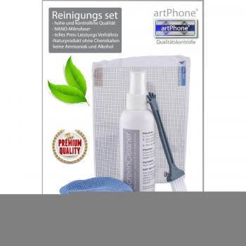 artPhone - Set de limpieza para móvil, tablet o pantalla LCD o TFT, incluye líquido limpiador en botella pulverizadora de 100 ml, gamuza de nanomicrofibra de 180 x 150 mm, pincel pequeño y protector de pantalla universal de 140 x 100 mm de regalo