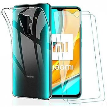 KEEPXYZ Funda para Xiaomi Redmi 9 + 2 Pcs Protector de Pantalla para Xiaomi Redmi 9 Cristal Templado, Flexible Suave Silicona Transparente TPU Carcasa + Vidrio Templado para Xiaomi Redmi 9