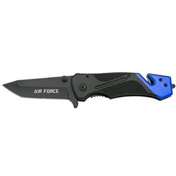 THIRD Navaja de Rescate asistida K2776BL, Mango de Aluminio Negro, Hoja Forma Tanto de Acero INOX de 9,5 cm Negra. con Cutter de cinturón de Seguridad y Punta rompevidrio. con Clip, con Funda