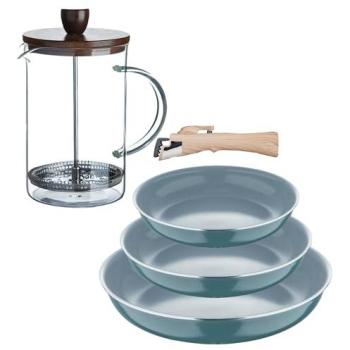 Juego de 3 Sartenes Ø18Ø20Ø24cm Inducción Click&Cook Aluminio Reciclado Verde con Mango Extraíble + Delantal de Cocina Gris Algodón 100% + Cafetera Émbolo Vid