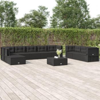 10-Piece Black Poly Rattan Outdoor Lounge Set with Cushions