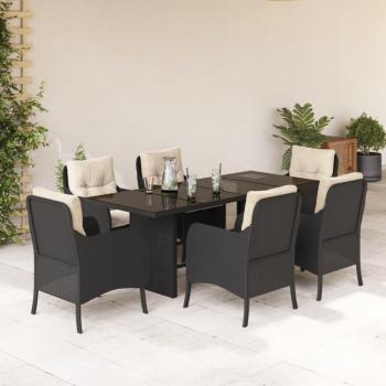 7-Piece Black Poly Rattan Garden Dining Set with Cushions