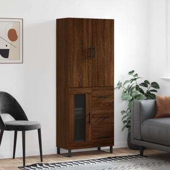 Aparador alto de madera contrachapada marrón roble 69,5x34x180 cm con 1 puerta de cristal y 3 cajones, mueble de almacenaje para salón, buffet y armario auxiliar