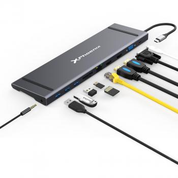 Phoenix Docking Station Portable Hub USB Tipo C 11 en 1 con HDMI 4K, VGA, Ethernet RJ45, 3x USB 3.0, Lector de Tarjetas MicroSD/SD, Jack Audio 3