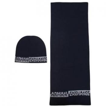 Armani Exchange Navy/Grey Mel Beanie Set for Men, One Size