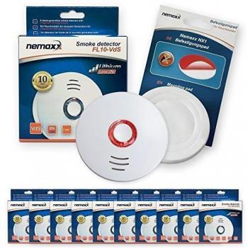 10x Nemaxx FL10VdS - VDS Detector de Humo/Alarma + Pad de fijación - VDS Certificado EN 14604 con Pila de de lítio incluida de Larga duración - 10 años de Vida - Blanco