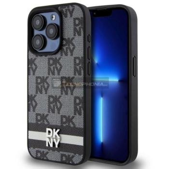 Funda de cuero DKNY con patrón a cuadros y rayas impresas para iPhone 14 Pro Max 6.7 - Negra